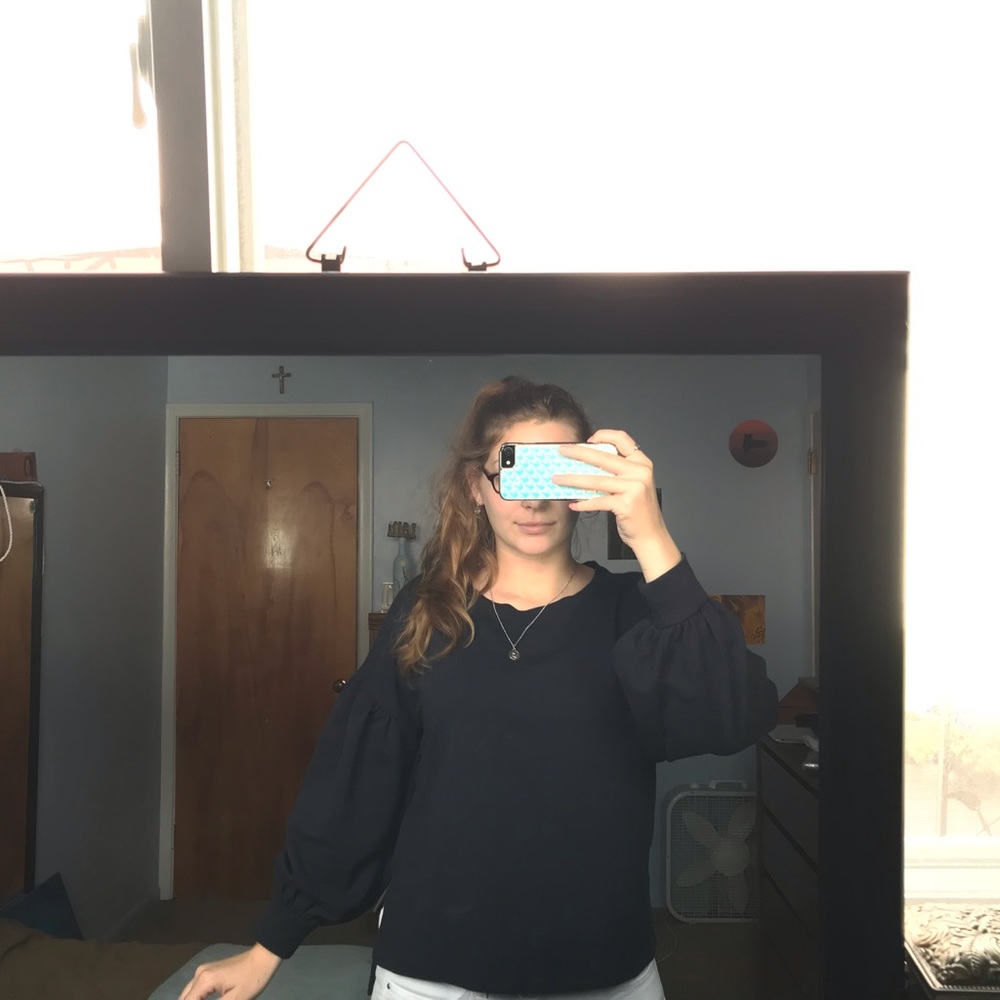 a.n.a navy blue bubble sleeve sweatshirt